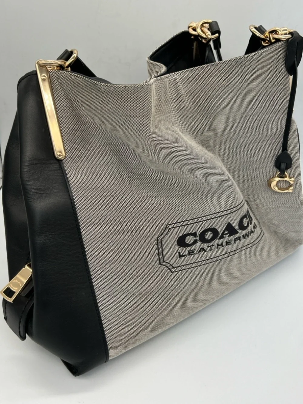 Coach Gray Canvas with Black Leather Shoulder Bag